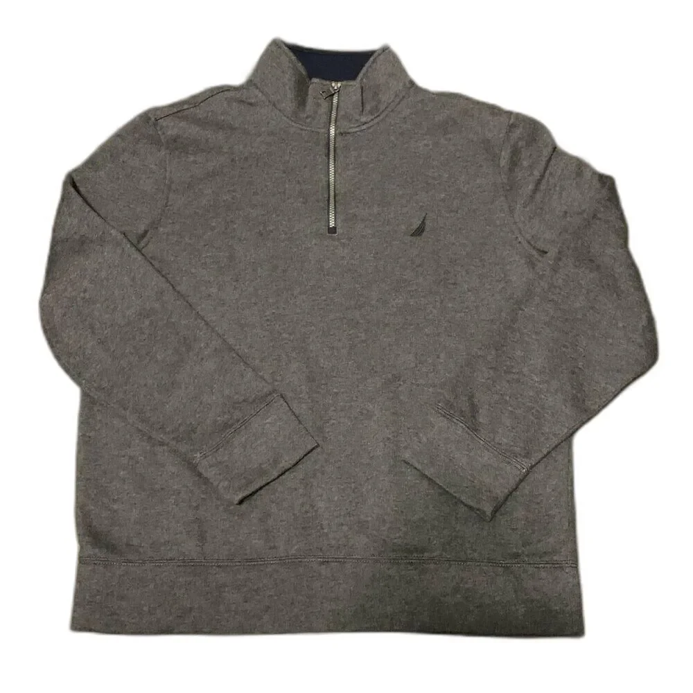 Nautica Mens Gray/Navy Fleece 1/4 Zip Sweatshirt Jacket